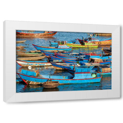 Distinctive red and blue fishing fleet in major fishing port of Nha Trang-South Central Vietnam White Modern Wood Framed Art Print by Haseltine, Tom