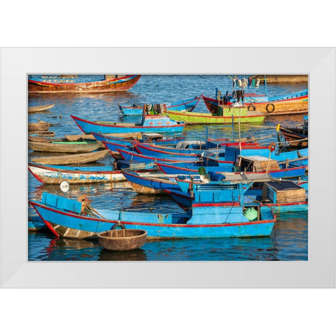 Distinctive red and blue fishing fleet in major fishing port of Nha Trang-South Central Vietnam White Modern Wood Framed Art Print by Haseltine, Tom