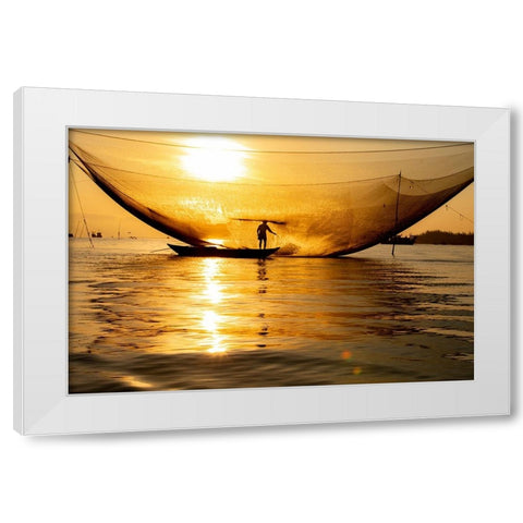 Vietnam-Fisherman emptying the nights catch in the Lagoon White Modern Wood Framed Art Print by Norring, Tom