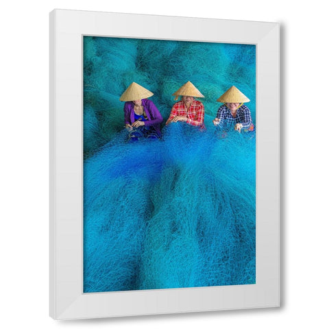 Vietnam-Women repairing fishing nets White Modern Wood Framed Art Print by Norring, Tom