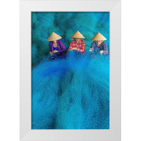Vietnam-Women repairing fishing nets White Modern Wood Framed Art Print by Norring, Tom