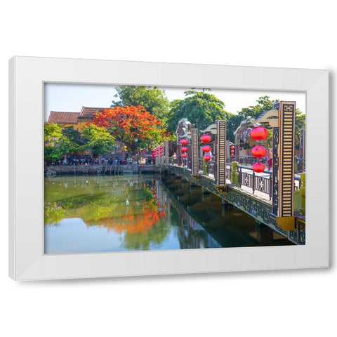 Vietnam-Hoi An bridge over the river with reflections and silk lamps White Modern Wood Framed Art Print by Norring, Tom