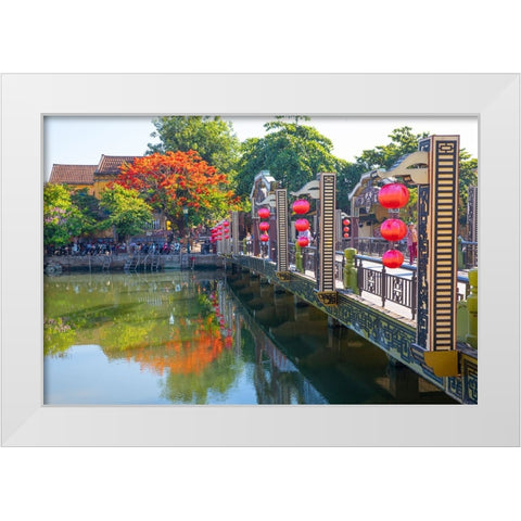 Vietnam-Hoi An bridge over the river with reflections and silk lamps White Modern Wood Framed Art Print by Norring, Tom