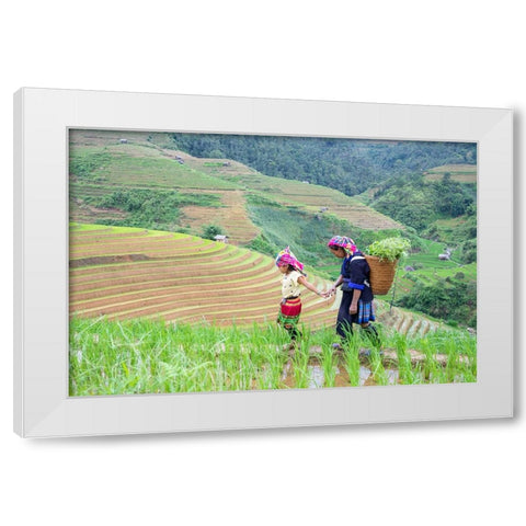 Vietnam-Grandma taking care of granddaughter-Farming community with traditional Sapa dresses White Modern Wood Framed Art Print by Norring, Tom