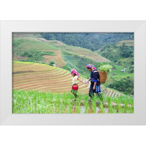 Vietnam-Grandma taking care of granddaughter-Farming community with traditional Sapa dresses White Modern Wood Framed Art Print by Norring, Tom
