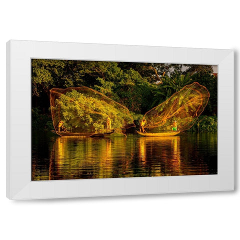 Vietnam-Butterfly net fishing-Fishermen working in complete synchronization White Modern Wood Framed Art Print by Norring, Tom