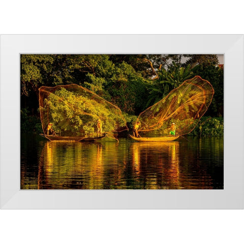 Vietnam-Butterfly net fishing-Fishermen working in complete synchronization White Modern Wood Framed Art Print by Norring, Tom