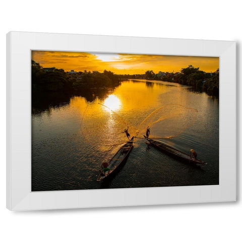 Vietnam-Coordinated lagoon fishing with nets at sunset White Modern Wood Framed Art Print by Norring, Tom