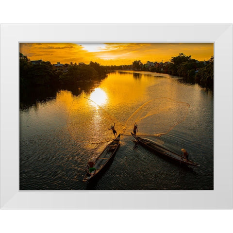 Vietnam-Coordinated lagoon fishing with nets at sunset White Modern Wood Framed Art Print by Norring, Tom