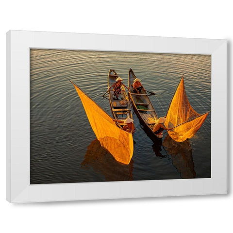 Vietnam-Coordinated lagoon fishing with nets at sunset White Modern Wood Framed Art Print by Norring, Tom