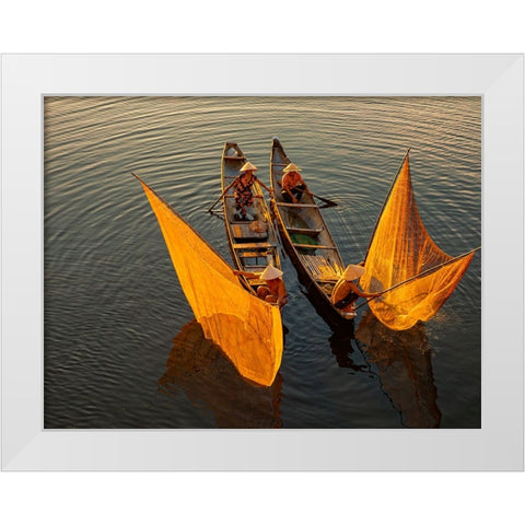 Vietnam-Coordinated lagoon fishing with nets at sunset White Modern Wood Framed Art Print by Norring, Tom
