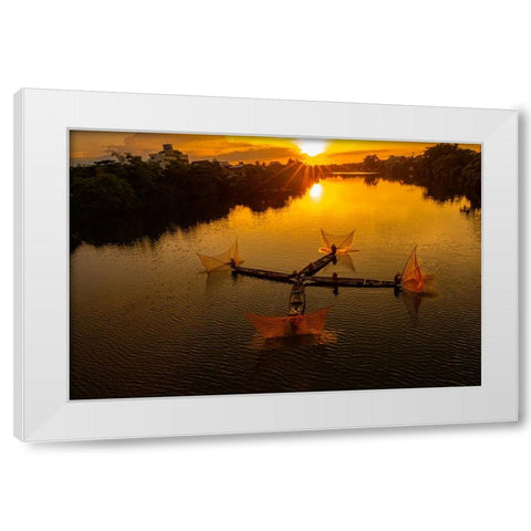 Vietnam-Coordinated lagoon fishing with nets at sunset White Modern Wood Framed Art Print by Norring, Tom