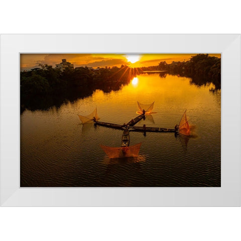 Vietnam-Coordinated lagoon fishing with nets at sunset White Modern Wood Framed Art Print by Norring, Tom