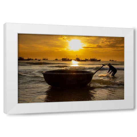Vietnam-Fishermen deliver the nights catch to the beach at Hoi An White Modern Wood Framed Art Print by Norring, Tom