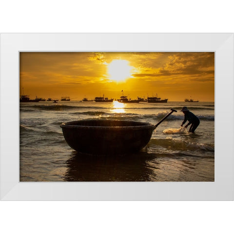 Vietnam-Fishermen deliver the nights catch to the beach at Hoi An White Modern Wood Framed Art Print by Norring, Tom