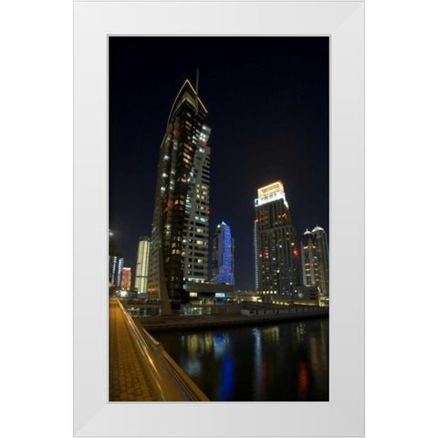 UAE, Dubai, Marina Downtown buildings at night White Modern Wood Framed Art Print by Young, Bill