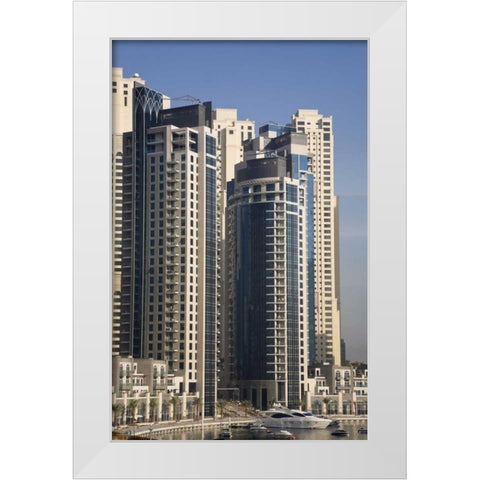 UAE, Dubai Marina towers with boats at anchor White Modern Wood Framed Art Print by Young, Bill