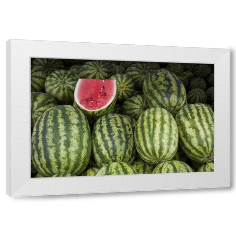 UAE, Abu Dhabi Watermelons on display at market White Modern Wood Framed Art Print by Young, Bill