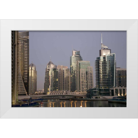 UAE, Dubai Tower lights reflect on marina water White Modern Wood Framed Art Print by Young, Bill