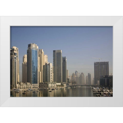 UAE, Dubai Marina towers with boats at anchor White Modern Wood Framed Art Print by Young, Bill