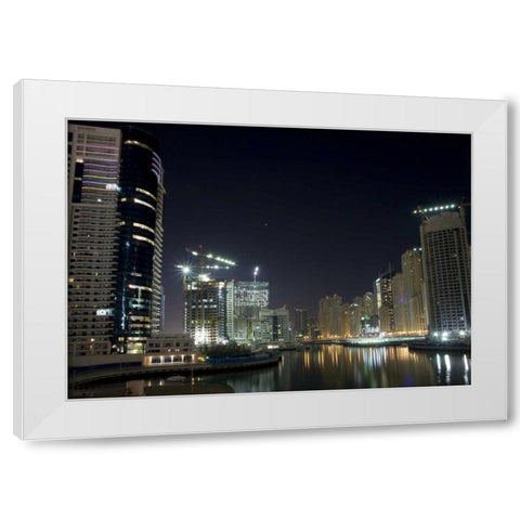 UAE, Dubai Towers on marina at night White Modern Wood Framed Art Print by Young, Bill