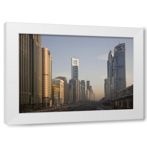 UAE, Dubai Towers along Sheik Zayed Road White Modern Wood Framed Art Print by Young, Bill