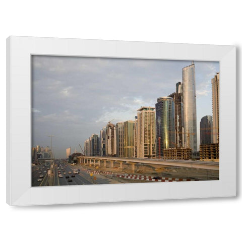 UAE, Dubai Jumeirah Lake Towers beside a Road White Modern Wood Framed Art Print by Young, Bill