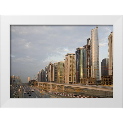 UAE, Dubai Jumeirah Lake Towers beside a Road White Modern Wood Framed Art Print by Young, Bill