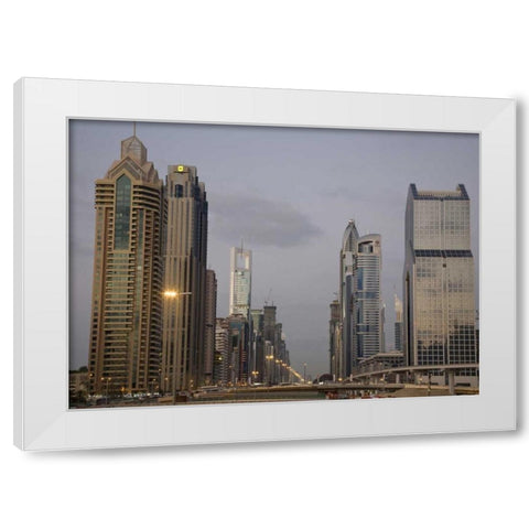 UAE, Dubai Towers along Sheik Zayed Road White Modern Wood Framed Art Print by Young, Bill