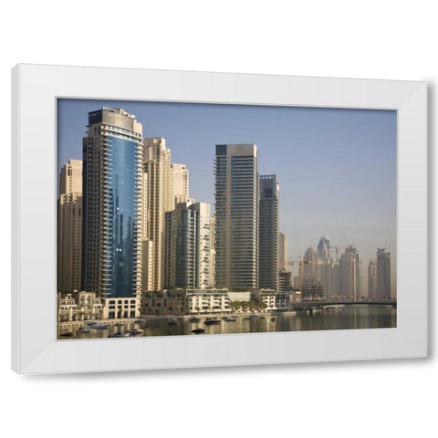 UAE, Dubai Marina towers with boats at anchor White Modern Wood Framed Art Print by Young, Bill