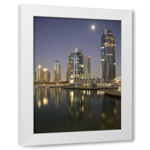 UAE, Dubai, Marina Towers reflect on marina White Modern Wood Framed Art Print by Young, Bill