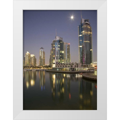 UAE, Dubai, Marina Towers reflect on marina White Modern Wood Framed Art Print by Young, Bill