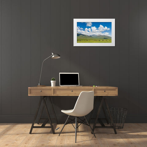 Summer pasture with traditional Yurts The Suusamyr plain White Modern Wood Framed Art Print by Zwick, Martin