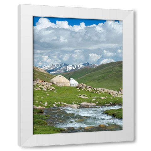 Landscape with Yurt at the Otmok mountain pass in the Tien Shan or heavenly mountains-Kyrgyzstan White Modern Wood Framed Art Print by Zwick, Martin
