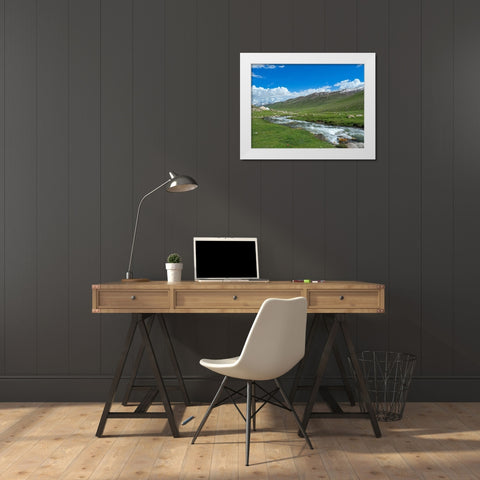 Landscape with Yurt at the Otmok mountain pass in the Tien Shan or heavenly mountains-Kyrgyzstan White Modern Wood Framed Art Print by Zwick, Martin