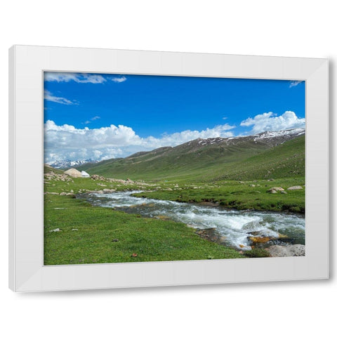 Landscape with Yurt at the Otmok mountain pass in the Tien Shan or heavenly mountains-Kyrgyzstan White Modern Wood Framed Art Print by Zwick, Martin
