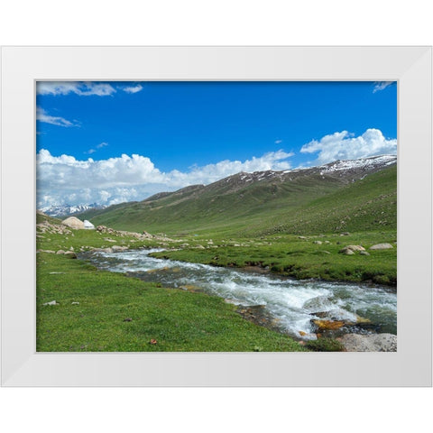 Landscape with Yurt at the Otmok mountain pass in the Tien Shan or heavenly mountains-Kyrgyzstan White Modern Wood Framed Art Print by Zwick, Martin