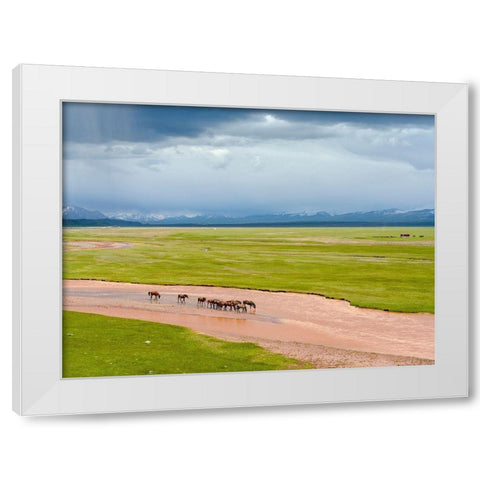 Horses in the Alay Valley and the Trans-Alay Range in the Pamir Mountains  White Modern Wood Framed Art Print by Zwick, Martin
