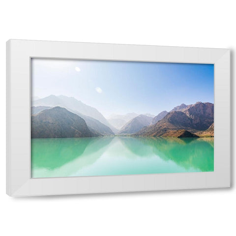 Iskanderkul-Sughd Province-Tajikistan Misty mountains above Iskanderkul Lake White Modern Wood Framed Art Print by Wilson, Emily M.