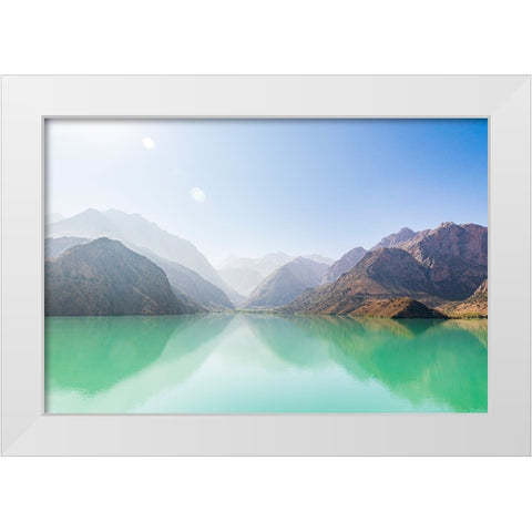 Iskanderkul-Sughd Province-Tajikistan Misty mountains above Iskanderkul Lake White Modern Wood Framed Art Print by Wilson, Emily M.