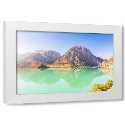 Iskanderkul-Sughd Province-Tajikistan Mountains and blue sky above Iskanderkul Lake White Modern Wood Framed Art Print by Wilson, Emily M.