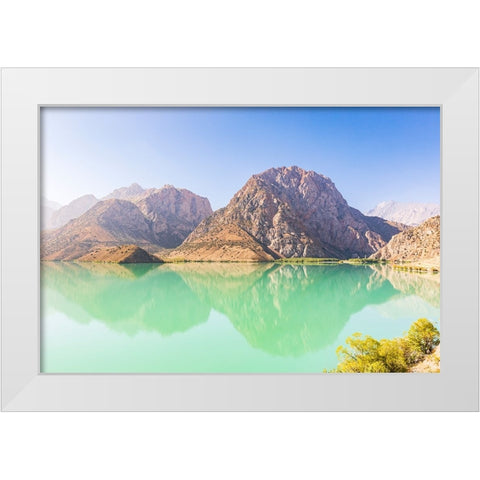 Iskanderkul-Sughd Province-Tajikistan Mountains and blue sky above Iskanderkul Lake White Modern Wood Framed Art Print by Wilson, Emily M.