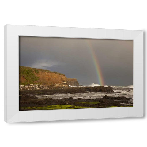 New Zealand, South Island Rainbow over Curio Bay White Modern Wood Framed Art Print by Grall, Don