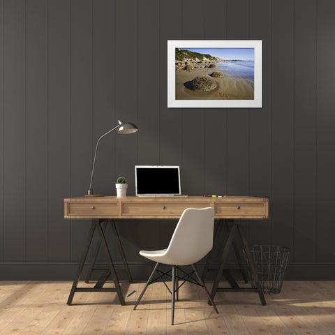 New Zealand, South Island Moeraki Boulders White Modern Wood Framed Art Print by Flaherty, Dennis