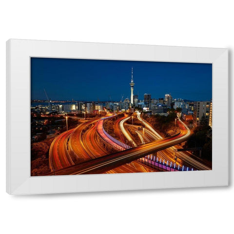 Motorways-Lightpath cycleway-and Skytower at dusk-Auckland-North Island-New Zealand White Modern Wood Framed Art Print by Wall, David