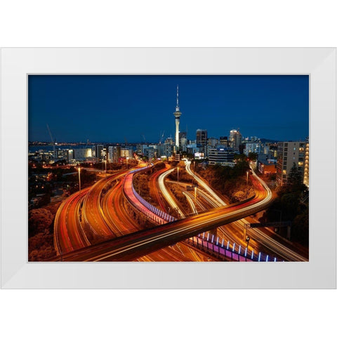 Motorways-Lightpath cycleway-and Skytower at dusk-Auckland-North Island-New Zealand White Modern Wood Framed Art Print by Wall, David