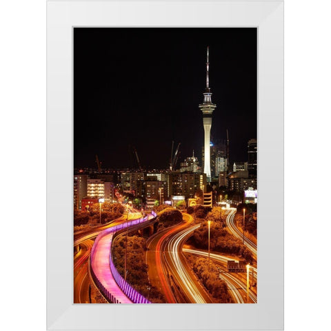 Motorways-Lightpath cycleway-and Skytower at night-Auckland-North Island-New Zealand White Modern Wood Framed Art Print by Wall, David