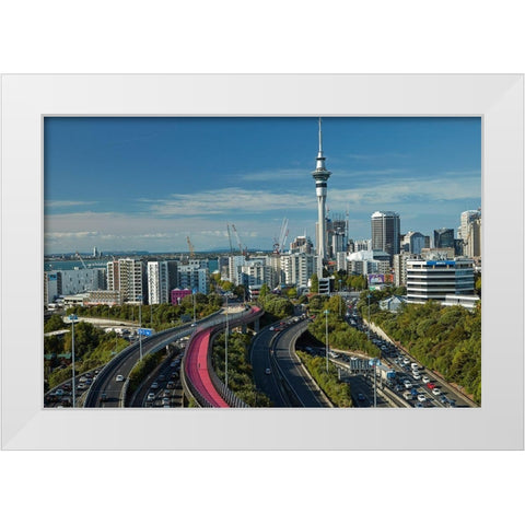 Motorways-Lightpath cycleway-and Skytower-Auckland-North Island-New Zealand White Modern Wood Framed Art Print by Wall, David