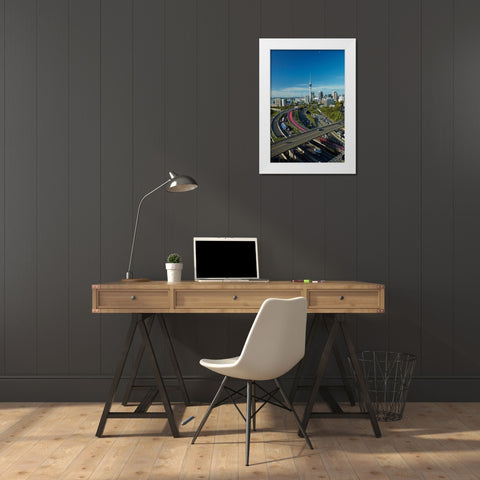 Motorways-Lightpath cycleway-and Skytower-Auckland-North Island-New Zealand White Modern Wood Framed Art Print by Wall, David