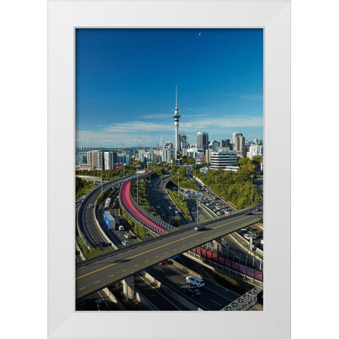 Motorways-Lightpath cycleway-and Skytower-Auckland-North Island-New Zealand White Modern Wood Framed Art Print by Wall, David